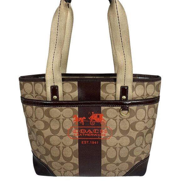 COACH Heritage Stripe 11349 Beige/Brown Coated Canvas Handbag NO HANG TAG - Picture 1 of 16